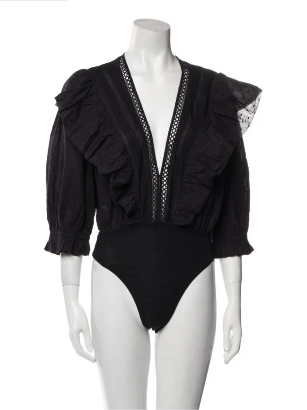 Farm Rio Black Plunge Neckline Ruffle Bodysuit – Size M - Picture 7 of 9